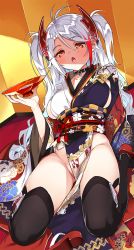 Rule 34 | 1girl, :o, alcohol, antenna hair, azur lane, black choker, black thighhighs, blush, breasts, choker, clothes between thighs, collarbone, commentary request, cup, groin, headgear, highres, holding, holding cup, japanese clothes, kimono, large breasts, leaning back, long hair, long sleeves, mole, mole on breast, multicolored clothes, multicolored hair, multicolored kimono, nail polish, no panties, obi, open mouth, partially visible vulva, prinz eugen (azur lane), prinz eugen (profusion of flowers) (azur lane), red eyes, red hair, red nails, red ribbon, ribbon, sakazuki, sake, sash, shimeji (4 me ji), sideboob, silver hair, sitting, solo, streaked hair, swept bangs, tassel, thighhighs, two side up, very long hair, wariza, wide sleeves