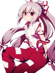 Rule 34 | 1girl, bad id, bad twitter id, blush, breasts, dress shirt, from side, fujiwara no mokou, grin, hands in pockets, long hair, looking at viewer, looking to the side, medium breasts, pants, pink eyes, ponytail, red pants, shirt, silver hair, smile, solo, suspenders, suspenders slip, torn clothes, torn shirt, touhou, very long hair, white background, white shirt, you (noanoamoemoe)