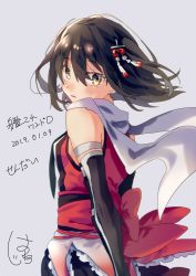 Rule 34 | 1girl, bare shoulders, black gloves, black hair, black neckerchief, black skirt, blush, breasts, brown eyes, commentary request, cowboy shot, dated, elbow gloves, gloves, grey background, hair between eyes, hair ornament, hatu xxgoukan, kantai collection, looking at viewer, looking back, medium hair, neckerchief, obi, one-hour drawing challenge, parted lips, pleated skirt, red sash, sash, scarf, sendai (kancolle), sendai kai ni (kancolle), signature, simple background, skirt, sleeveless, solo, translated, two side up, white scarf