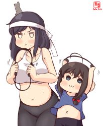 Rule 34 | 2girls, :3, ahoge, alternate costume, artist logo, belly, black hair, blue eyes, blue shirt, bow, braid, breasts, brown hair, child, collarbone, commentary request, crop top, dated, hachimaki, hair bow, hair ornament, hair over shoulder, headband, highres, kanon (kurogane knights), kantai collection, large breasts, leggings, multiple girls, navel, red bow, ring fit adventure, shigure (kancolle), shirt, short hair, short sleeves, simple background, single braid, white background, white headband, x navel, yamashiro (kancolle), aged down