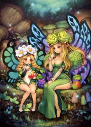 Rule 34 | 2girls, apple, black footwear, blonde hair, blush, braid, breasts, cleavage, clenched hand, closed mouth, dress, eating, elfaria (odin sphere), fairy, fairy wings, flower, food, fruit, full body, grapes, green dress, hair flower, hair ornament, head wreath, high heels, highres, long hair, long sleeves, looking at another, mercedes (odin sphere), mother and daughter, multiple girls, mushroom, nut (food), odin sphere, plant, puff and slash sleeves, puffy sleeves, red eyes, shigatake, shoes, side slit, sitting, twin braids, white footwear, wings