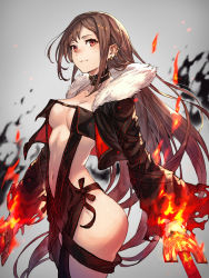 Rule 34 | 1girl, breasts, brown hair, choker, cleavage, closed mouth, cowboy shot, cropped jacket, dual wielding, earrings, fate/grand order, fate (series), fire, from side, fur trim, gradient background, highres, holding, jewelry, kusano shinta, long hair, medium breasts, multiple earrings, navel, red eyes, revealing clothes, ribbon-trimmed clothes, ribbon trim, smile, solo, sword, weapon, yu mei-ren (fate)