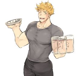 Rule 34 | 1boy, bara, black pants, blonde hair, covered erect nipples, cup, egg (food), food, granblue fantasy, green eyes, grey shirt, hazama (hazamazama), holding, holding cup, holding plate, large pectorals, looking at viewer, male focus, muscular, muscular male, one eye closed, open mouth, pants, pectorals, plate, shirt, short hair, smile, solo, vane (granblue fantasy)