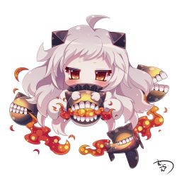 Rule 34 | 10s, 1girl, abyssal ship, ahoge, aircraft, airplane, blush, breath weapon, breathing fire, chibi, fire, horns, kantai collection, long hair, looking at viewer, mittens, monster, muuran, northern ocean princess, pale skin, red eyes, signature, solo, white hair