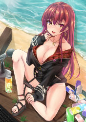 Rule 34 | 1girl, arrow through heart, beach, bikini, breasts, can, cleavage, commentary request, drink can, earrings, fang, heterochromia, hololive, houshou marine, houshou marine (summer), jacket, jewelry, keyboard, large breasts, microphone, necklace, nekoyaso, open mouth, red bikini, red hair, sandals, skin fang, soda can, solo, swimsuit, virtual youtuber