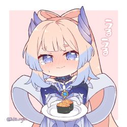 Rule 34 | 1girl, blonde hair, blue hair, blush, blush stickers, bow-shaped hair, caviar, chibi, colored tips, commentary, english commentary, food, full-face blush, genshin impact, gloves, highres, incoming food, kukie-nyan, long hair, looking at viewer, multicolored hair, pink hair, purple eyes, sangonomiya kokomi, solo, sushi, suspicious egg dish, tearing up, thick eyebrows, twitter username, very long hair, white gloves