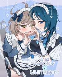 Rule 34 | 2girls, :d, ahoge, aizawa kazuha, apron, assault lily, belt, belt buckle, black dress, black thighhighs, blue background, blue bow, blue dress, blue eyes, blue hair, blue ribbon, blush, bow, bowtie, breasts, buckle, closed mouth, collared dress, commentary request, cowboy shot, dated, detached sleeves, dress, frilled apron, frilled dress, frilled sleeves, frills, grey background, grey belt, grey bow, grey bowtie, grey hair, hair between eyes, hair bow, hand up, happy white day, heads together, heart, heart hands, heart hands duo, heart print, highres, invisible chair, long hair, long sleeves, looking at viewer, looking to the side, maid, maid headdress, medium breasts, multicolored hair, multiple girls, neck ribbon, official alternate costume, open mouth, print apron, profile, ribbon, sasaki ran, short sleeves, sideways glance, sitting, sleeve cuffs, smile, streaked hair, suica (kouba si take), thighhighs, two-tone background, waist apron, white apron, white day, yellow eyes