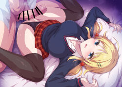 Rule 34 | 1boy, 1girl, ahoge, bar censor, bed, black panties, black sweater, black thighhighs, blonde hair, blue eyes, blush, breasts, censored, clothing aside, collared shirt, erection, hachimiya meguru, hair ornament, hairclip, hetero, idolmaster, idolmaster shiny colors, imminent penetration, large breasts, long hair, long sleeves, low twintails, marugoshi (54burger), on bed, open clothes, open mouth, open shirt, panties, panties aside, penis, pillow, pillow grab, plaid, plaid skirt, red skirt, shirt, skirt, solo focus, star (symbol), star hair ornament, sweater, thighhighs, twintails, underwear, white shirt