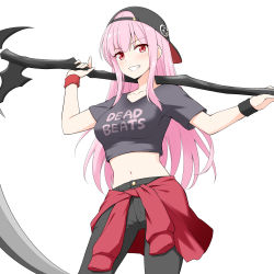 Rule 34 | 1girl, absurdres, black pants, black shirt, blush, breasts, clothes around waist, clothes writing, collarbone, commentary, cowboy shot, crop top, felutiahime, grin, hat, highres, holding, holding scythe, holding weapon, hololive, hololive english, long hair, looking at viewer, medium breasts, midriff, mori calliope, navel, over shoulder, pants, pink hair, red eyes, red sweater, scythe, shirt, short sleeves, simple background, smile, solo, standing, stomach, sweater, sweater around waist, two-sided fabric, virtual youtuber, weapon, weapon over shoulder, white background