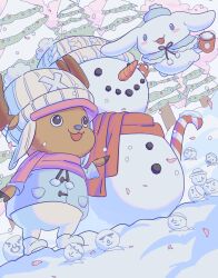 Rule 34 | 1boy, antlers, candy, candy cane, carrot, cinnamoroll, commentary, english commentary, food, hat, highres, horns, looking up, one piece, petals, pink scarf, red scarf, reindeer antlers, salmonfordinner, sanrio, scarf, snow, snowman, tony tony chopper