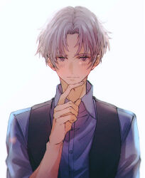 Rule 34 | 1boy, black vest, blue shirt, blush, closed mouth, finger to own chin, grey hair, itsuki ryotaro, long sleeves, looking at viewer, male focus, purple eyes, roji (rozio), shirt, short hair, smile, solo, vest, white background, wind boys!