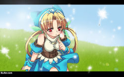 Rule 34 | 1girl, arm warmers, blonde hair, dandelion, dlsite.com, flower, grass, hat, highres, malino (dream maker), premium-chan, red eyes, seed, solo, twintails, wallpaper