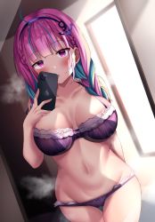 Rule 34 | 1girl, ahoge, bad id, bad twitter id, blue hair, blush, braid, breasts, cellphone, cleavage, colored inner hair, hololive, large breasts, lingerie, long hair, looking at viewer, minato aqua, multicolored hair, navel, open mouth, phone, pink hair, purple eyes, purple hair, selfie, shiki (catbox230123), solo, steam, streaked hair, two-tone hair, underwear, virtual youtuber