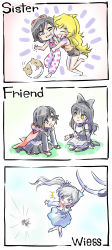 Rule 34 | 4girls, ^^^, ball, black hair, blake belladonna, book, bow, cape, cheek-to-cheek, dotted line, english text, falling, fang, hair bow, heads together, highres, iesupa, looking at another, looking back, multiple girls, on lap, open book, pillow, ruby rose, rwby, short hair, simple background, sitting, slit pupils, surprised, typo, weiss schnee, white background, yang xiao long, yellow eyes, yokozuwari