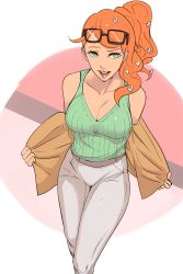 Rule 34 | 1girl, absurdres, aqua eyes, artist request, breasts, cleavage, coat, creatures (company), game freak, glasses, hair ornament, heart, heart hair ornament, highres, large breasts, nintendo, orange hair, pants, pokemon, pokemon swsh, side ponytail, sonia (pokemon), tank top, trench coat, undressing