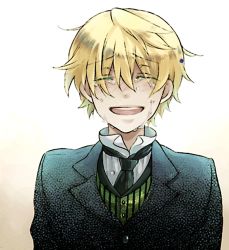 Rule 34 | 00s, 1boy, blonde hair, closed eyes, crying, formal, male focus, necktie, open mouth, oz vessalius, pandora hearts, short hair, simple background, smile, solo, suit, tears, upper body, vest, wavily