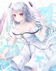 Rule 34 | 1girl, alice fiction, breasts, character request, cleavage, collarbone, commentary request, dress, glitch, grey hair, hair ornament, hairclip, hand up, headgear, highres, kohinata hoshimi, long hair, long sleeves, looking at viewer, medium breasts, off-shoulder dress, off shoulder, parted lips, puffy long sleeves, puffy sleeves, red eyes, see-through, see-through sleeves, sleeves past wrists, solo, very long hair, white dress