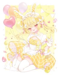 Rule 34 | 1girl, animal ears, apron, balloon, basket, blonde hair, blush, bow, child, dress, easter, easter egg, egg, fake animal ears, fang, frills, full body, gloves, hair bow, hair ornament, hairband, hairclip, highres, holding, long hair, looking at viewer, open mouth, original, pink bow, plaid, plaid dress, puffy short sleeves, puffy sleeves, rabbit ears, red eyes, short sleeves, smile, solo, thighhighs, twintails, white gloves, white thighhighs, yasumi nashi, yellow dress, yellow footwear