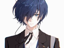 Rule 34 | 1boy, black jacket, black ribbon, blue eyes, blue hair, closed mouth, collared shirt, commentary, fiori (fiofiori ), hair between eyes, headphones, highres, jacket, looking at viewer, male focus, neck ribbon, open clothes, open jacket, persona, persona 3, persona 3 reload, ribbon, shirt, short hair, simple background, solo, upper body, white shirt, yuuki makoto (persona 3)