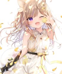 Rule 34 | 1girl, ;d, animal ears, arm behind back, bare arms, bare shoulders, black bow, blush, bow, brown hair, cat ears, collared dress, commentary, dress, fang, food, fruit, hand up, highres, holding, holding food, lemon, lemon slice, long hair, mafuyu (chibi21), multicolored hair, one eye closed, open mouth, original, petals, purple eyes, purple hair, simple background, sleeveless, sleeveless dress, smile, solo, streaked hair, symbol-only commentary, twitter username, white background, white dress, yellow bow