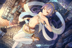 Rule 34 | 1girl, absurdres, bracelet, breasts, choker, cobblestone, collarbone, commentary request, dancer, fish, fish bone, hairband, harem pants, highres, huge filesize, jewelry, lantern, long hair, looking at viewer, low twintails, navel, night, orange eyes, original, pants, purple hair, rene, sandals, see-through, small breasts, smile, solo, thighlet, twintails