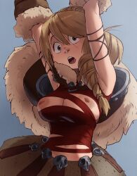 Rule 34 | 1girl, absurdres, armpits, arms up, astrid hofferson, blue eyes, braid, breasts, cape, freckles, fur-trimmed cape, fur trim, highres, how to train your dragon, inker comics, large breasts, light brown hair, long hair, looking at viewer, navel, nipple slip, nipples, open mouth, red ribbon, ribbon, solo, wide-eyed