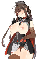 Rule 34 | absurdres, banssee, black gloves, black hair, black legwear, blush, breasts, breasts out, brown eyes, clothes lift, dsr-50 (girls&#039; frontline), elbow gloves, girls&#039; frontline, gloves, hat, highres, inverted nipples, large breasts, lifted by self, long hair, looking at viewer, nipples, simple background, skirt, skirt lift, smile, sweat, thighhighs, twintails, very long hair, white background