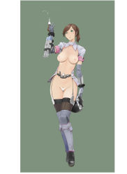 Rule 34 | 1girl, border, breastless clothes, breasts, brown hair, c-string, contrapposto, elbow gloves, female focus, female pubic hair, full body, garter straps, gauge, gloves, green background, green eyes, large breasts, makochin, ponytail, pubic hair, revealing clothes, short hair, short sleeves, simple background, solo, strapless bottom, syringe, tagme, thighhighs, white border