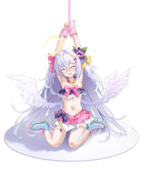 Rule 34 | 1girl, absurdres, angel wings, armpits, azusa (blue archive), azusa (swimsuit) (blue archive), bikini, blue archive, blue footwear, blush, chain, chinese commentary, closed eyes, cuffs, feathered wings, flower, frilled bikini, frills, grey hair, hair between eyes, hair flower, hair ornament, halo, handcuffs, highres, long hair, navel, official alternate costume, okazakileo, open mouth, pink bikini, purple bikini, purple flower, restrained, roller skates, simple background, sitting, skates, smile, solo, swimsuit, wariza, white background, white wings, wings, yellow halo