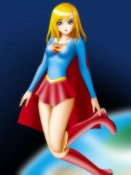 Rule 34 | 1girl, alien, blonde hair, blue eyes, boots, cape, dc comics, earth (planet), covered erect nipples, female focus, flying, highres, kryptonian, long hair, red cape, s shield, samejima minoru, solo, space, supergirl, superman (series)