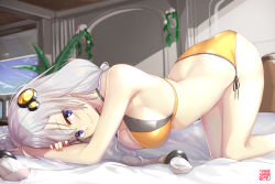 Rule 34 | 1girl, all fours, arched back, bed, bikini, blue eyes, braid, breasts, goemon1110, hair between eyes, headgear, kizuna akari, large breasts, long hair, looking at viewer, on bed, side-tie bikini bottom, silver hair, smile, solo, strap gap, swimsuit, top-down bottom-up, twin braids, very long hair, vocaloid, voiceroid, yellow bikini