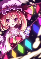 Rule 34 | 1girl, bad id, bad pixiv id, blonde hair, embodiment of scarlet devil, female focus, flandre scarlet, hat, heart, heart hands, mob cap, purple eyes, side ponytail, solo, sys.ao, touhou, white hat, wings