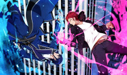 Rule 34 | 10s, 2boys, blue fire, blue hair, fire, glasses, k-project, long coat, male focus, multiple boys, munakata reishi, pink fire, red eyes, red hair, suoh mikoto, sword, weapon, yun (neo)