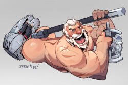 Rule 34 | 1boy, :d, arts of indiego, ass, bara, beard, between buttocks, cup, facial hair, full beard, hammer, highres, holding, holding hammer, large hands, large pectorals, laughing, lying, male focus, mature male, mug, muscular, muscular male, nude, old, old man, on stomach, open mouth, overwatch, partially blind, pectorals, receding hairline, reinhardt (overwatch), scar, scar across eye, short hair, smile, thick beard, tongue, white hair
