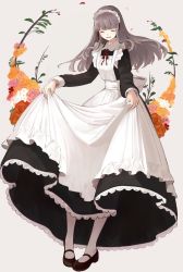 Rule 34 | 1girl, :d, ^ ^, apron, bad id, bad pixiv id, black dress, black footwear, brown flower, brown hair, brown rose, closed eyes, commentary request, dress, facing viewer, flower, full body, grey background, highres, long hair, long sleeves, maid, maid apron, maid headdress, md5 mismatch, open mouth, original, pantyhose, pigeon-toed, pink flower, pink rose, resolution mismatch, rose, shii (kairi-t-k0317), shoes, skirt hold, smile, solo, standing, white apron, white flower, white pantyhose, yellow flower, yellow rose