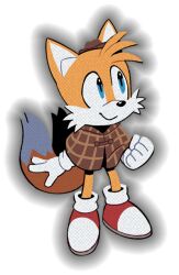 Rule 34 | 1boy, animal ears, animal nose, arm at side, blue eyes, body fur, brown capelet, brown hat, capelet, child, clenched hand, closed mouth, digimin, fedora, fox boy, fox ears, fox tail, full body, furry, furry male, gloves, hand up, happy, hat, looking to the side, male focus, mini hat, multiple tails, non-web source, official art, outline, plaid capelet, red footwear, shoes, simple background, smile, socks, solo, sonic (series), standing, tail, tails (sonic), the murder of sonic the hedgehog, transparent background, two-tone fur, two tails, white fur, white gloves, white socks, yellow fur