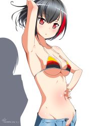 Rule 34 | 10s, 1girl, 2018, absurdres, adjusting hair, arm up, armpits, arms behind head, artist name, bang dream!, bikini, black hair, blush, breasts, cleavage, covered erect nipples, dated, frown, hand on own hip, highres, looking at viewer, lowleg, medium breasts, mitake ran, multicolored hair, navel, open fly, red eyes, red hair, sakamata (sakamata4), shadow, short hair, simple background, solo, standing, streaked hair, swimsuit, white background