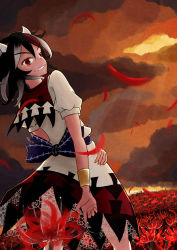 Rule 34 | 1girl, black hair, bow, bracelet, cloud, cloudy sky, dress, facing away, flower, from behind, gancao, grin, highres, horns, jewelry, kijin seija, lace, light rays, looking at viewer, looking back, multicolored hair, orange sky, petals, red eyes, red hair, short sleeves, sky, smile, solo, spider lily, streaked hair, touhou, white hair