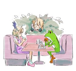 Rule 34 | 1boy, 1girl, 1other, ahoge, alternate costume, animal, barefoot, blonde hair, braid, bush, closed mouth, colored skin, commentary, cup, dark skin, dress, drinking, drinking straw, english commentary, enna alouette, flat chest, food, french fries, frog, froggy (polygonal mind), from side, full body, green skin, hair between eyes, hair ornament, holding, holding cup, indoors, long sleeves, looking at another, luca kaneshiro, medium hair, multicolored hair, nasty omnivore, nijisanji, nijisanji en, pepper shaker, pinafore dress, pink footwear, plant, polygonal mind, red eyes, salt shaker, shadow, shirt, shoes, short dress, short sleeves, simple background, sitting, sleeveless, sleeveless dress, smile, socks, table, virtual youtuber, vrchat, white background