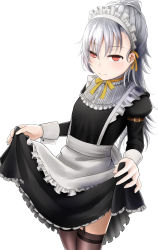 Rule 34 | 1girl, alternate costume, apron, bad id, bad pixiv id, closers, clothes lift, enmaided, frills, garter straps, highres, long hair, looking at viewer, maid, maid headdress, ponytail, red eyes, ribbon, silver hair, skirt, skirt hold, skirt lift, smile, solo, sweatdrop, thighhighs, tina (closers), turisasu, waist apron, yellow ribbon