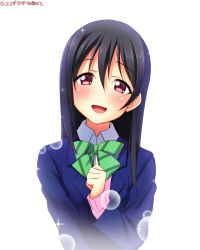 Rule 34 | 1girl, :d, alternate hairstyle, black hair, blue jacket, blush, bow, bowtie, dated, dress shirt, green bow, green bowtie, hair between eyes, hair down, highres, jacket, long hair, long sleeves, looking at viewer, love live!, love live! school idol project, one-hour drawing challenge, open mouth, pink shirt, red eyes, school uniform, shirt, simple background, smile, solo, straight hair, striped bow, striped bowtie, striped clothes, striped neckwear, upper body, white background, white shirt, yazawa nico, yu-ta