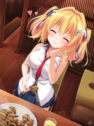 Rule 34 | 1girl, :3, ^ ^, bare arms, between breasts, blonde hair, blue skirt, blush, breasts, chaamii, closed eyes, closed mouth, collared shirt, commentary, cowboy shot, crescent, crescent hair ornament, dango, eating, facing viewer, food, from above, furrowed brow, futamata ren&#039;ai, hair between eyes, hair intakes, hair ornament, hand on own cheek, hand on own face, hand up, happy, heart, highres, indoors, large breasts, long hair, miniskirt, necktie, necktie between breasts, pleated skirt, red necktie, restaurant, shirt, signature, sitting, skirt, sleeveless, sleeveless shirt, smile, solo, star (symbol), star hair ornament, toiro kirame, two side up, wagashi, white shirt