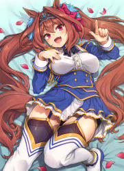 Rule 34 | 1girl, :d, animal ears, blush, boots, bow, breasts, brown hair, daiwa scarlet (umamusume), fang, garter straps, gold trim, hair between eyes, hair intakes, highres, horse ears, horse girl, horse tail, index finger raised, large breasts, long hair, long sleeves, looking at viewer, lying, on back, open mouth, petals, pointing, red eyes, shirt, skirt, smile, solo, tail, thighhighs, thighs, twintails, umamusume, underbust, uousa-ou, very long hair, white footwear, white shirt, white thighhighs