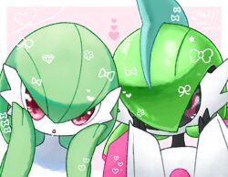 Rule 34 | 2girls, artist name, black sclera, blue hair, blush, bob cut, border, bow, colored sclera, colored skin, creatures (company), female focus, game freak, gardevoir, gem (symbol), gen 3 pokemon, green hair, green skin, hair bow, hair over one eye, hands on own cheeks, hands on own face, hands up, heart, humanoid robot, iron valiant, light blush, looking at viewer, mohawk, muguet, multicolored hair, multicolored skin, multiple girls, nintendo, no mouth, one eye covered, open mouth, outside border, pink background, pixel eyes, pokemon, pokemon (creature), red eyes, robot, short hair, signature, simple background, two-tone hair, two-tone skin, upper body, white border, white skin