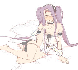 Rule 34 | 1girl, arm support, bare shoulders, barefoot, blush, bracelet, breasts, choker, cleavage, collarbone, cosplay, dress, euryale (fate), euryale (fate) (cosplay), eyes visible through hair, facial mark, fate/grand order, fate/hollow ataraxia, fate/stay night, fate (series), forehead mark, frilled hairband, frills, glasses, hairband, headdress, jewelry, large breasts, lolita hairband, long hair, looking at viewer, lying, medusa (fate), medusa (rider) (fate), mo (kireinamo), on side, parted lips, pearl bracelet, purple eyes, purple hair, ribbon-trimmed hairband, solo, sweat, thighlet, twintails, very long hair, white dress