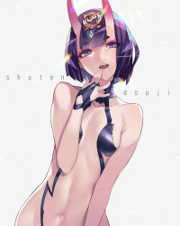 Rule 34 | 1girl, ban! (bansankan), bare arms, bare shoulders, black gloves, blue eyes, blunt bangs, bob cut, breasts, character name, collarbone, commentary request, eyeshadow, fangs, fate/grand order, fate (series), fingerless gloves, fingers to mouth, gem, gloves, grey background, hair ornament, hand up, head tilt, headpiece, highres, horns, jewelry, makeup, navel, oni, open mouth, pink lips, purple hair, revealing clothes, short eyebrows, short hair, shuten douji (fate), simple background, skin-covered horns, small breasts, solo, stomach, upper body, white background