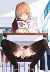 Rule 34 | 1girl, bag, black thighhighs, blonde hair, blue eyes, blunt bangs, blush, book, bow, bowtie, braid, breasts, ceiling, closed mouth, clothing aside, collared shirt, crown braid, curtains, day, desk, dress shirt, english text, female masturbation, finger to mouth, frilled thighhighs, frills, hair bow, half-closed eyes, hand up, hase neet, highres, holding, holding book, holding pen, index finger raised, indoors, long hair, long sleeves, looking at viewer, masturbation, medium breasts, miniskirt, nipples, no bra, non-web source, nose blush, nude, object insertion, open clothes, open shirt, original, panties, panties aside, partially visible vulva, pen, pencil case, pink bow, pleated skirt, public indecency, public masturbation, pussy juice, school bag, school desk, school uniform, shirt, shoes, shoulder bag, sitting, skirt, smile, solo, spread legs, striped bow, striped bowtie, striped clothes, striped neckwear, sweat, thighhighs, thighs, tile ceiling, tiles, underwear, uwabaki, vaginal, vaginal object insertion, white bow, white panties, white shirt, window