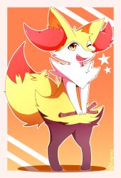 Rule 34 | 1girl, animal ear fluff, animal ears, animal hands, animal nose, artist name, black fur, body fur, border, braixen, creatures (company), fang, female focus, flat chest, fox ears, fox girl, fox tail, full body, furry, furry female, game freak, gen 6 pokemon, gradient background, happy, highres, holding, holding stick, jpeg artifacts, kinozel, looking at viewer, nintendo, one eye closed, open mouth, orange background, orange eyes, outline, outside border, pigeon-toed, pink border, pokemon, pokemon (creature), signature, simple background, smile, snout, solo, standing, star (symbol), stick, tail, twitter username, v arms, white fur, white outline, wink, yellow fur