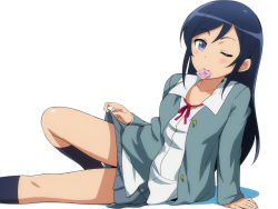 Rule 34 | 1girl, aragaki ayase, blue eyes, blue hair, blush, breasts, condom, condom in mouth, female focus, hairu, highres, legs, long hair, looking at viewer, lying, matching hair/eyes, mouth hold, one eye closed, ore no imouto ga konna ni kawaii wake ga nai, school uniform, simple background, skirt, small breasts, socks, solo, thighs, white background, wink