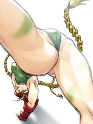 Rule 34 | 1girl, armpits, ass, blue eyes, braid, breasts, cameltoe, cammy white, camouflage, covered erect nipples, crotch, flexible, foreshortening, gauntlets, green leotard, highleg, highleg leotard, huge ass, hyou itto, leotard, long hair, low-tied long hair, shadow, shiny skin, solo, street fighter, thong leotard, twin braids, white background, wide hips